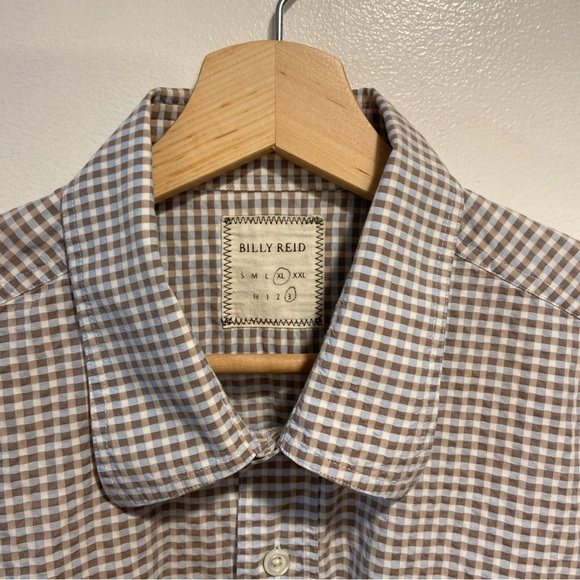 Billy Reid Brown Blue Plaid Roll Tab Sleeve Button Up Cotton Shirt Mens Slim XL - Picture 1 of 7